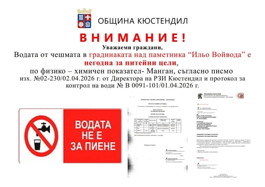 Внимание! Водата от чешмата при „Аджундар“ в Кюстендил е негодна за пиене, РЗИ отчете завишени нива на манган