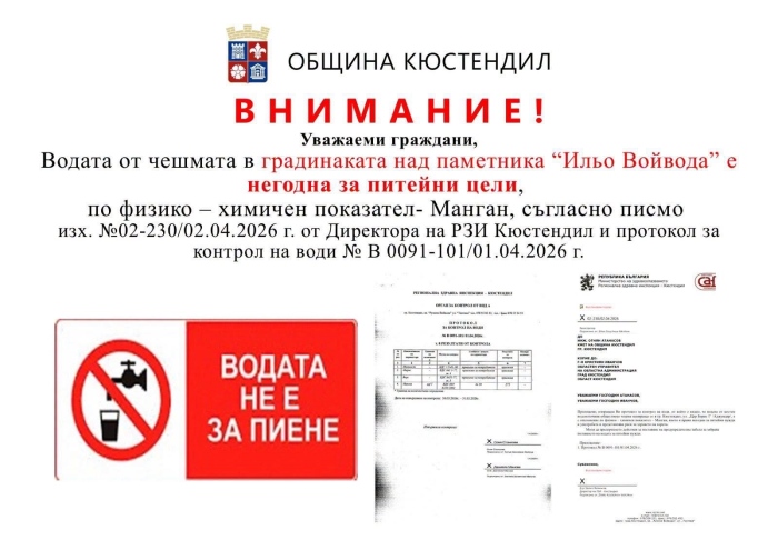 Внимание! Водата от чешмата при „Аджундар“ в Кюстендил е негодна за пиене, РЗИ отчете завишени нива на манган