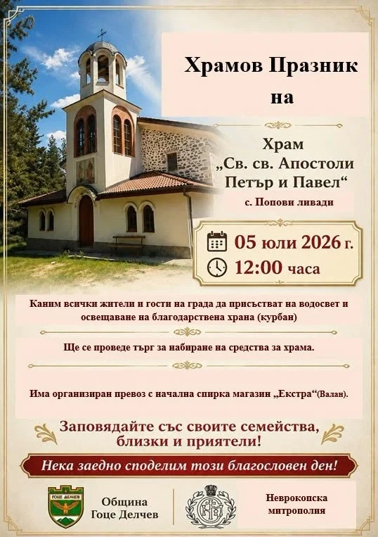 Храм „Св. св. апостоли Петър и Павел“ в Попови ливади кани на празник и благотворителност