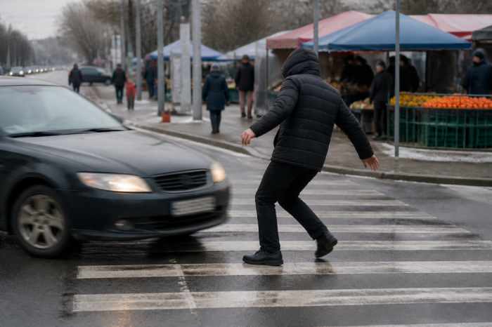 Неправилно пресичащ пешеходец се блъсна в ауди, с хематом е 